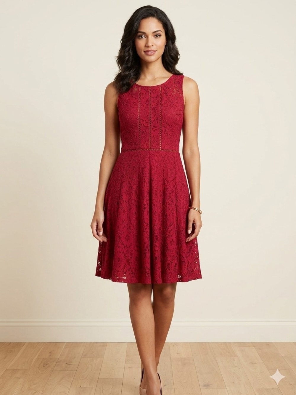 Roz & Ali Sleeveless Lace Fit-and-Flare Dress in Red
